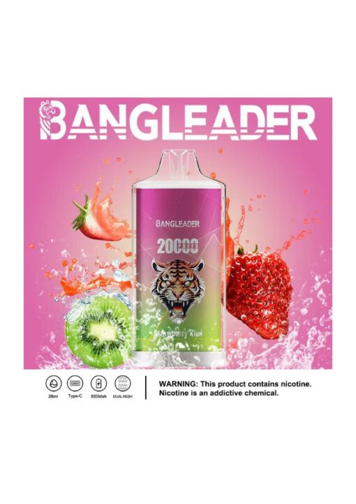 Une publicité dynamique pour l'e-liquide Bangleader mettant en vedette une bouteille aromatisée étiquetée « Strawberry Kiwi » avec un logo de tigre, entourée d'éclaboussures d'eau, de fraises et de kiwi sur un fond rose, avec un avertissement de nicotine en bas.