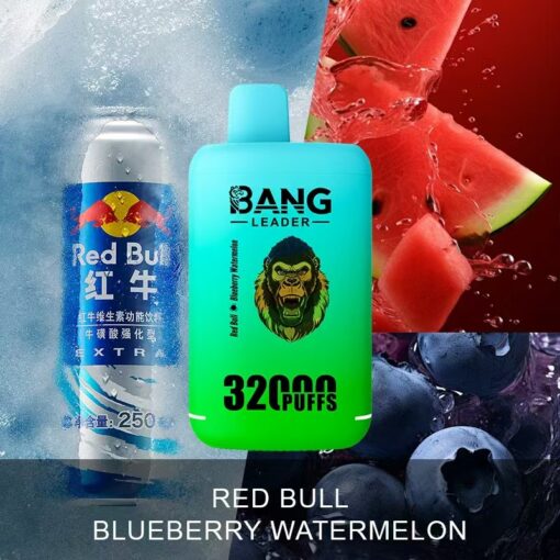 Une canette de boisson énergisante Red Bull à côté d'un appareil à vapotage avec un logo de gorille, entouré d'images de myrtilles et de pastèque.