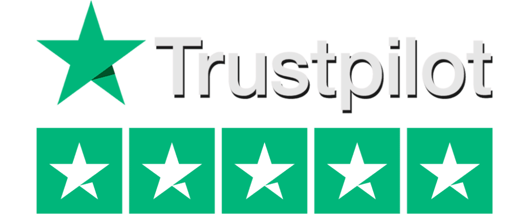 Logo Trustpilot comportant une étoile verte et une note de cinq étoiles, indiquant une plateforme d'évaluation avec un score allant d'une à cinq étoiles, mis en évidence par une étoile verte proéminente.