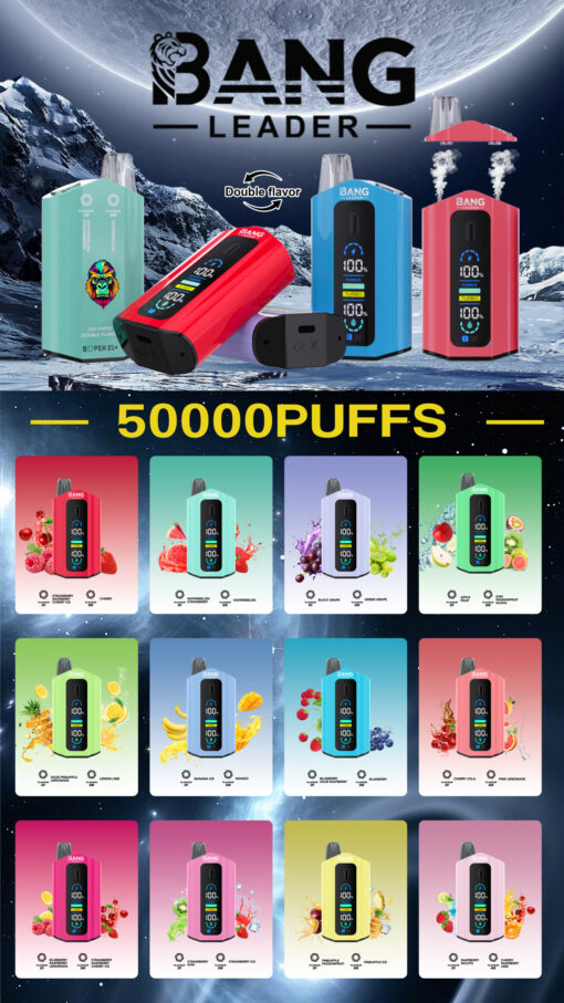 Graphique promotionnel pour les vapes jetables BANG Leader comprenant 50 000 bouffées, mettant en valeur une variété d'options de saveurs telles que la fraise, la cerise, le raisin, la pomme, le citron vert, la banane, la mangue, et plus encore, avec des images d'appareils de vape colorés et d'icônes de fruits sur un fond cosmique.