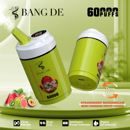 Un dispositivo per svapare verde con l'etichetta "BANG DE" raffigurante un personaggio dei cartoni animati che indossa occhiali da sole e un berretto rosso, con una capacità di 60.000 tiri e tre gusti: fragola e anguria, kiwi e frutto della passione e guava.