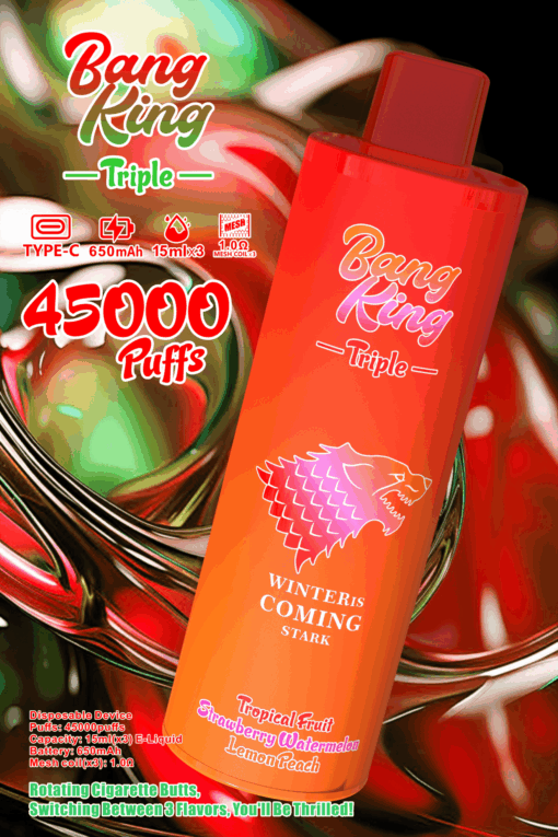 A colorful promotional image for the Bang King Triple disposable vape device, featuring a striking orange design with text indicating it offers 45,000 puffs and three flavors: Tropical Fruit, Strawberry Watermelon, and Lemon Peach.