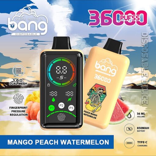 Dispositivo per svapare dotato di uno schermo digitale che mostra 36.000 boccate, al gusto di mango, pesca e anguria e con un design a scheletro sulla confezione.