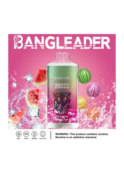 Une publicité dynamique pour le produit de vapotage Bangleader avec un graphisme de tigre, mettant en valeur la saveur « Watermelon Bubble Gum » avec des tranches de pastèque, des glaçons et des boules de bonbons colorées entourées d'éclaboussures d'eau, sur un fond rose.
