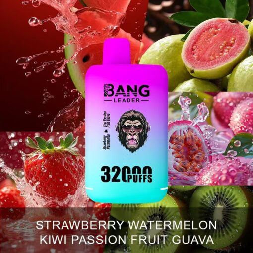Un appareil à vapotage portant l'étiquette « Bang Leader », présentant un design de gorille, entouré d'images de fraises, de pastèque, de kiwi et de fruits de la passion avec des éclaboussures d'eau.