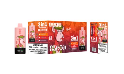 A pink Bang King vape product featuring a cartoon monkey wearing a green hat, alongside packaging that lists flavors: Strawberry Banana, Pink Lemonade, and Raspberry Watermelon, with a warning about nicotine addiction.