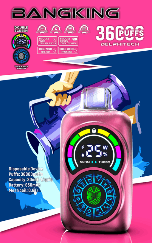 Un dispositivo de vapeo desechable de color rosa con pantalla doble, que muestra los modos de potencia y flujo de aire, un diseño de huellas dactilares y símbolos del zodíaco.