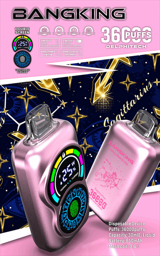 Un primer plano de un dispositivo de vapeo rosa con una pantalla doble, que muestra configuraciones de potencia, modos de flujo de aire y un diseño de huellas dactilares, con un signo del zodíaco "Sagitario" y un fondo estrellado.