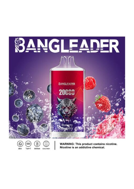 Un produit de vapotage vibrant étiqueté « BANGLEADER » avec un graphisme de tigre sur un fond rouge et violet, mettant en vedette des myrtilles et des framboises dans des éclaboussures d'eau et représentant la saveur « Myrtille Framboise ».