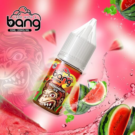Botella de e-líquido Bang con sabor a helado de sandía, que presenta un diseño vibrante y rodajas de sandía de fondo.