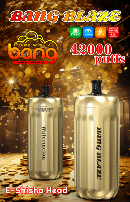 La imagen muestra dos dispositivos de vapeo desechables de color dorado etiquetados como "Watermelon" y "BANG BLAZE" sobre un fondo de monedas y un árbol brillante, resaltando sus características como 42000 bocanadas, un puerto de carga Tipo-C y una batería de 1000 mAh.