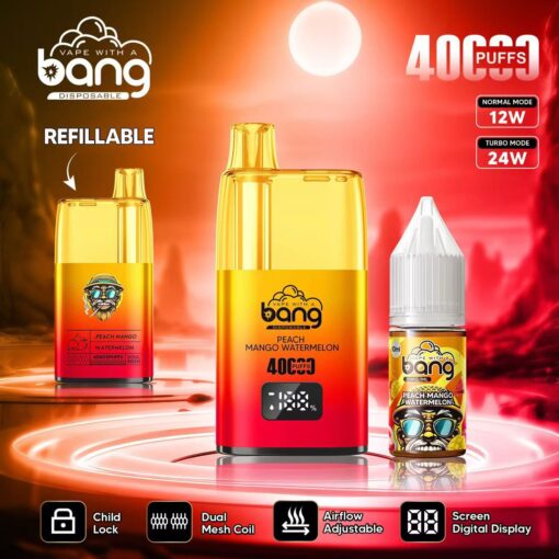 Un dispositivo de vapeo y una botella de e-líquido con sabor a "Melocotón, mango y sandía", con pantalla digital, capacidad de ajuste del flujo de aire y bloqueo para niños.