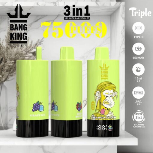 Drei farbenfrohe Vape-Geräte mit den Geschmacksrichtungen „Traubeneis“, „Gemischte Beeren“ und „Mango-Pfirsich“ im modernen Design mit digitaler Anzeige vor einem minimalistischen Marmorhintergrund.