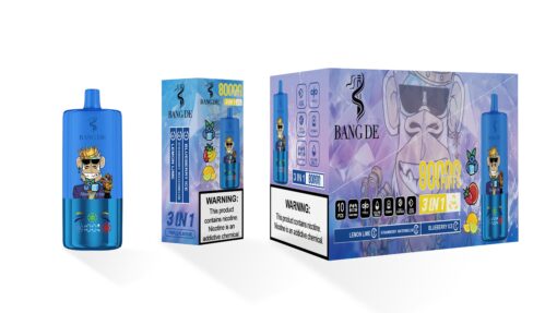 A blue vaping device with a cartoon monkey king graphic wearing sunglasses, alongside a colorful box design featuring flavor icons and a warning about nicotine addiction, highlighting its features: 80000 puffs, triple flavor options of blueberry ice, strawberry watermelon, and lemon lime.