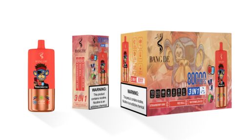 A vibrant packaging design for a vaping product called Bang De, featuring a prominent red vape device with a monkey character labeled 'Watermelon Ice', alongside a colorful box that highlights its 3-in-1 flavor options and warnings about nicotine.