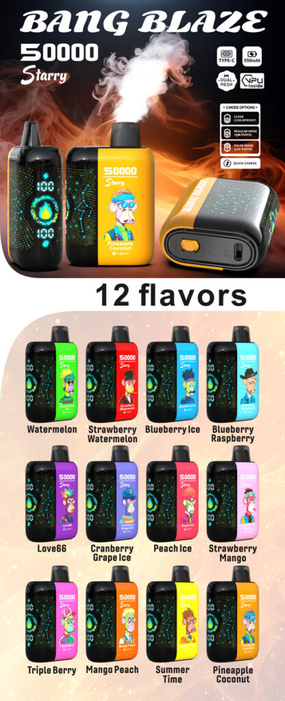 A promotional image for the Bang Blaze 50000 Starry vape product featuring the device emitting smoke and showcasing its colorful design, along with a chart displaying 12 flavor options including Watermelon, Strawberry Watermelon, Blueberry Ice, and Pineapple Coconut.