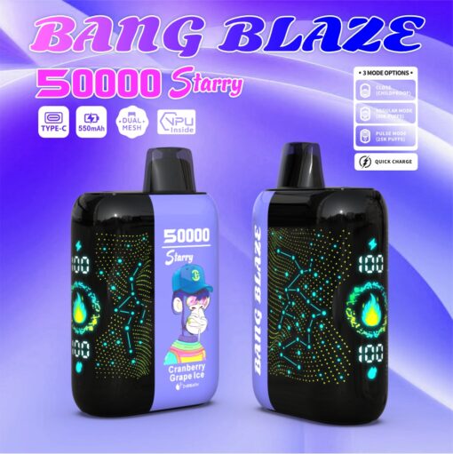 Un appareil de vapotage coloré étiqueté « BANG BLAZE 50000 Starry » présentant un personnage de dessin animé sur un côté, un écran lumineux indiquant les paramètres de la batterie et du mode, et des fonctionnalités mettant en évidence des options telles que la protection des enfants et la charge rapide.