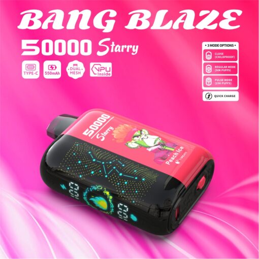 Un appareil de vapotage coloré étiqueté « BANG BLAZE 50000 Starry » représentant un personnage de dessin animé et entouré d'un fond rose, affichant des fonctionnalités clés telles que la charge de type C, une batterie de 550 mAh et des options pour différents modes d'utilisation.