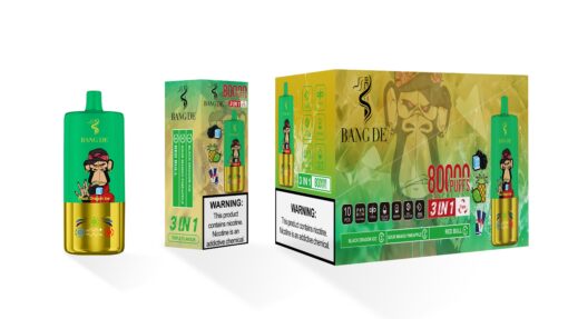 A colorful vape device with the branding 'BANG DE' featuring a cartoon monkey and labeled flavors like 'Black Dragon Ice', 'Sour Mango Pineapple', and 'Red Bull', accompanied by a warning about nicotine addiction on the packaging.