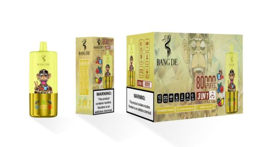A colorful e-cigarette package featuring a yellow device with a cartoon monkey wearing sunglasses and peace signs, along with a box displaying product information including flavors like cherry cola ice, strawberry mango, and blueberry watermelon, highlighting its capacity of 80,000 puffs.