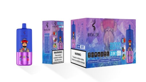 A vibrant purple vape device with a cartoon monkey graphic and a matching box, both advertising "Bang De" vape flavors including watermelon ice, strawberry ice cream, and kiwi passion fruit guava, prominently displaying the warning about nicotine addiction.