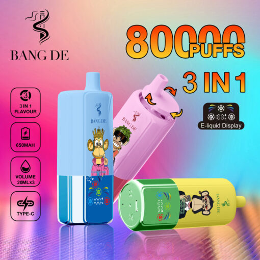 Drei farbenfrohe Vape-Geräte mit Cartoon-Designs: ein blaues mit einer Affenfigur, ein rosafarbenes, das sich zur Verwendung dreht, und ein grün-gelbes, vor einem Hintergrund mit Farbverlauf und Werbetext, der 80.000 Züge, 3-in-1-Geschmack und technische Daten angibt.