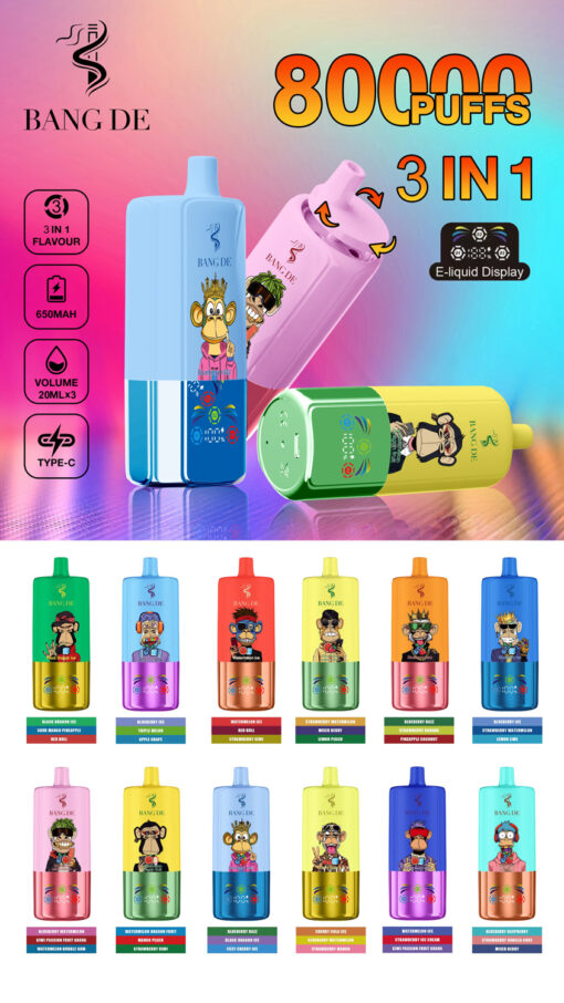 Eine farbenfrohe Ausstellung verschiedener Vape-Pens der Marke „Bang De“, die die Produktfunktionen wie 80.000 Züge, 3-in-1-Geschmacksoptionen und verschiedene Geschmacksdesigns mit Cartoon-Affengrafiken auf jedem Pen präsentiert.