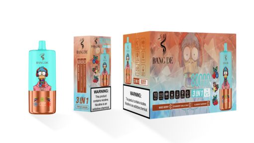 A colorful vape device with a cartoon character on the front, featuring blue and copper elements, accompanied by packaging that highlights flavors such as Mixed Berry, Strawberry Vanilla Coke, and Blueberry Raspberry, along with warnings about nicotine.