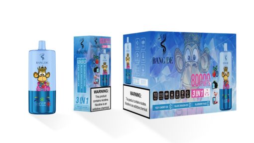 A blue vaping device featuring a cartoon monkey wearing a crown and colorful clothing, alongside a product box displaying multiple flavors, nicotine warning labels, and promotional details such as '80000 PUFFS' and '3 IN 1 TRIPLE FLAVOUR'.