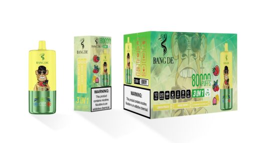 A colorful vape product branded 'BANG DE' featuring a cartoon monkey holding a watermelon, with the packaging next to it displaying flavors like Strawberry Watermelon, Mixed Berry, and Lemon Peach, and warnings about nicotine addiction.