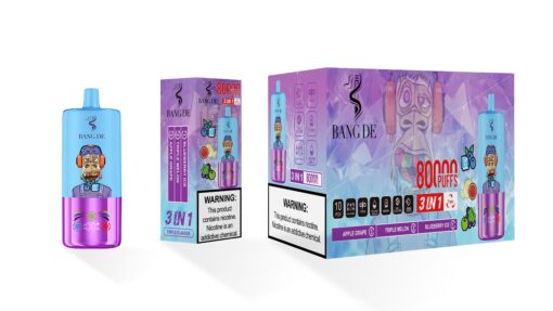 A promotional display for a disposable vape titled 'Bang DE,' featuring a colorful design with a cartoon character wearing headphones and vibrant colors, alongside packaging indicating flavors like Blueberry Ice and Triple Melon, and details about puff count and warnings about nicotine.