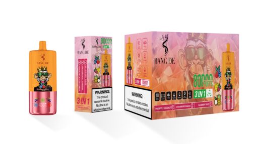 A colorful vaping product box featuring the 'BANG DE' brand, with an illustration of a monkey wearing sunglasses, along with various flavor labels including Blueberry Razz and Strawberry Banana, and a warning about nicotine addiction.