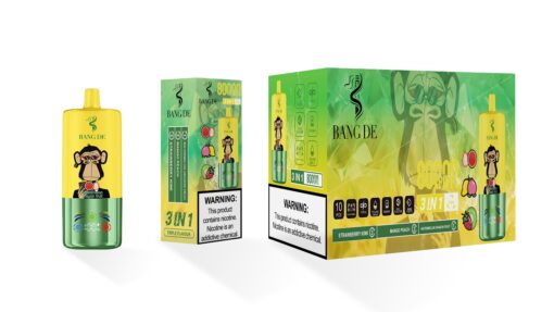 A colorful vape device labeled 'BANG DE' featuring a cartoon monkey, alongside packaging showing various fruit flavor options like watermelon, mango peach, and strawberry kiwi, with prominent warning labels about nicotine addiction.