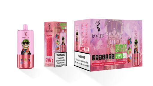 A vibrant vape product packaging featuring a cartoon character with green hair wearing sunglasses, labeled "BANG DE" and promoting a 3-in-1 flavor combination of Blueberry Watermelon, Kiwi Passion Fruit Guava, and Watermelon Bubble Gum, with a warning about nicotine on the side.
