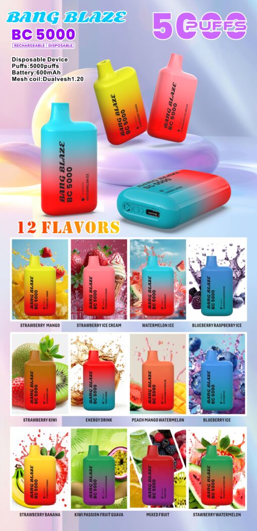 Un'immagine promozionale che mostra diversi dispositivi di vaporizzazione usa e getta Bang Blaze BC5000 in vari colori vivaci, evidenziandone le caratteristiche ricaricabili, la capacità di 5000 boccate e 12 gusti diversi tra cui Strawberry Mango ed Energy Drink, con uno sfondo astratto colorato.