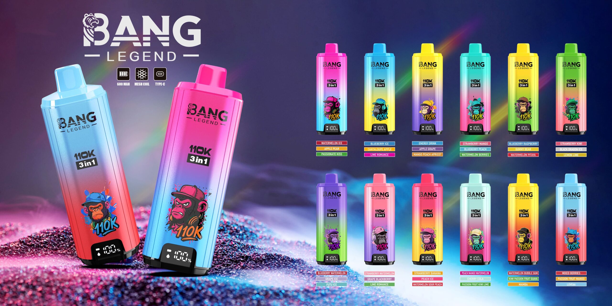 A colorful display of Bang Legend vape products, featuring various vape devices in vibrant colors with distinct flavor labels, set against a shimmering background.
