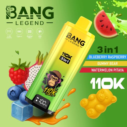 Un appareil de vapotage coloré étiqueté ' Bang Legend 110K 3 in 1 ' entouré d'illustrations de fruits comme la framboise, la myrtille et la pastèque, et de bonbons comme l'ours gommeux, mettant en valeur ses options de saveurs.