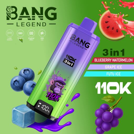 Un appareil de vape coloré étiqueté ' BANG LEGEND 110K 3 in 1 ' avec un graphique de singe ludique, sur un fond vert vif avec des myrtilles et des raisins, et affichant un indicateur de pourcentage numérique.