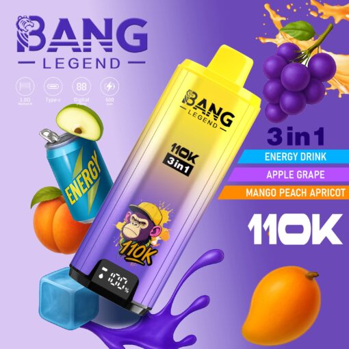 Un graphique vibrant représentant un contenant jaune de boisson énergisante Bang Legend 110K, étiqueté ' 3 en 1 ' avec des saveurs comme pomme raisin et mangue pêche abricot, entouré d'illustrations d'une canette d'énergie bleue, d'un fruit orange et d'une mangue, ainsi que d'éclaboussures de liquide violet sur fond violet.