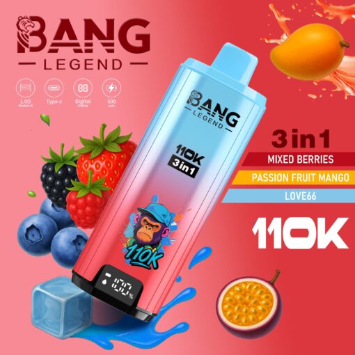Un appareil de vape coloré étiqueté ' BANG LEGEND 110K ', comportant un logo de singe de dessin animé, entouré de divers fruits comme des myrtilles, des fraises et des fruits de la passion, avec un affichage numérique indiquant le pourcentage de batterie, sur un fond rose vif.