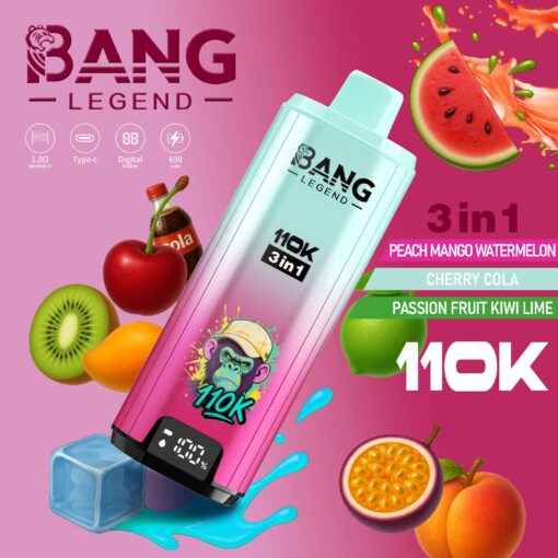 Un appareil de vape coloré portant la marque ' Bang Legend ', affichant un pourcentage de batterie numérique et entouré de divers fruits comme la pastèque, le kiwi et les cerises, indiquant sa variété de saveurs qui comprend la pastèque pêche-mangue, le cola cerise et le kiwi-lime fruit de la passion.