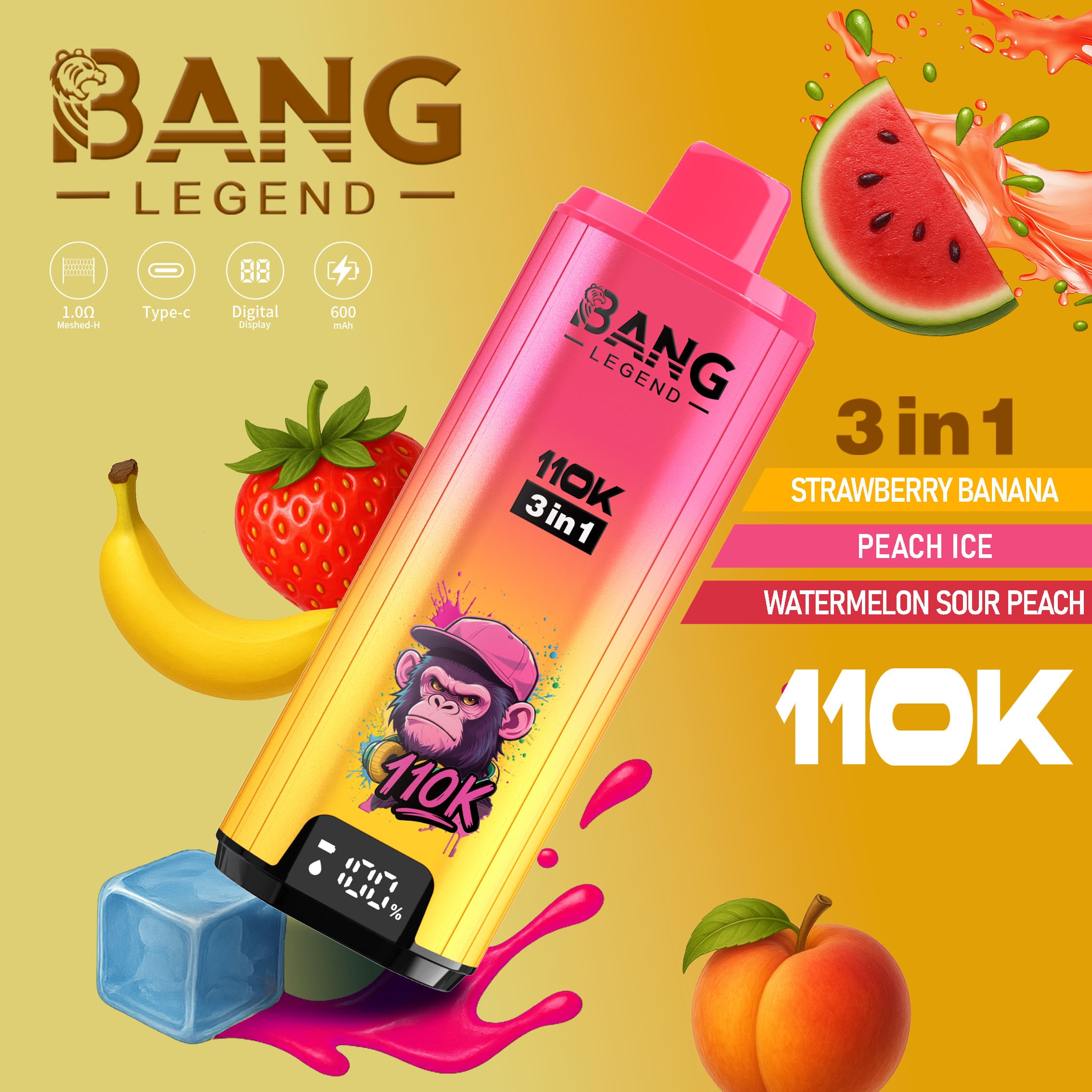 Un appareil de vape coloré de Bang Legend, étiqueté ' 110K 3 in 1 ', avec des saveurs répertoriées comme Fraise Banane, Pêche Glacée et Pastèque Sour Pêche, entouré d'images de fruits, notamment des fraises, des bananes et une pêche, sur un fond dégradé.