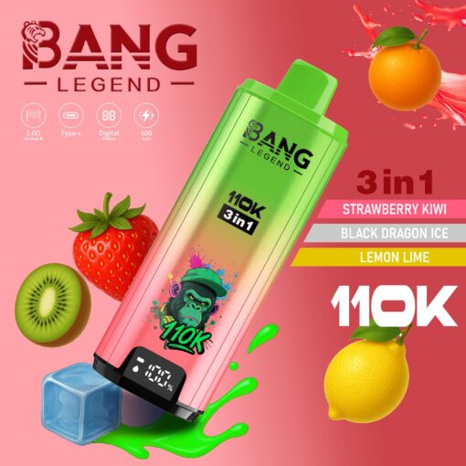Un appareil de vape coloré étiqueté ' BANG LEGEND 110K 3 in 1 ' présentant des saveurs comme Strawberry Kiwi, Black Dragon Ice et Lemon Lime, entouré d'images de fraise, de kiwi, de citron et de glaçons, avec un écran numérique de batterie indiquant 50%.
