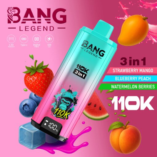 Un appareil de vape coloré étiqueté ' BANG LEGEND 110K 3 in 1 ', présentant un dessin de gorille de dessin animé et présentant des saveurs telles que fraise mangue, myrtille pêche et pastèque, entourés de glaçons et de divers fruits comme des fraises, des myrtilles, de la pêche et de la pastèque, sur un fond rose vif.