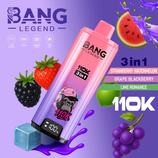 Un appareil de vapotage électronique coloré étiqueté ' BANG LEGEND 110K 3 in 1 ' en rose et violet, avec des saveurs telles que Fraise Pastèque, Raisin Mûre et Lime Romance, entouré de fruits comme des fraises, des mûres et de la pastèque, avec un affichage numérique affichant 70%.