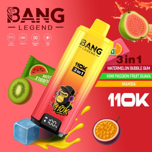 Un récipient coloré de vape Bang Legend avec un logo de singe de dessin animé, étiqueté ' 110K 3 in 1 ' avec les saveurs ' Watermelon Bubble Gum ', ' Kiwi Passion Fruit Guava ' et ' Mamba ', entouré d'illustrations de fruits dont kiwi et pastèque, sur un fond rouge vif.