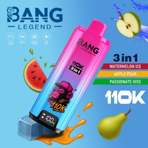 Un appareil de vape coloré étiqueté ' Bang Legend 110K ' en dégradé rose et bleu, présentant un graphique de singe de dessin animé, avec des descriptions de trois saveurs : Watermelon Ice, Apple Pear et Passionate Kiss, ainsi qu'un affichage numérique indiquant le pourcentage de batterie et entouré d'illustrations de pastèque et de poire sur un fond bleu clair.