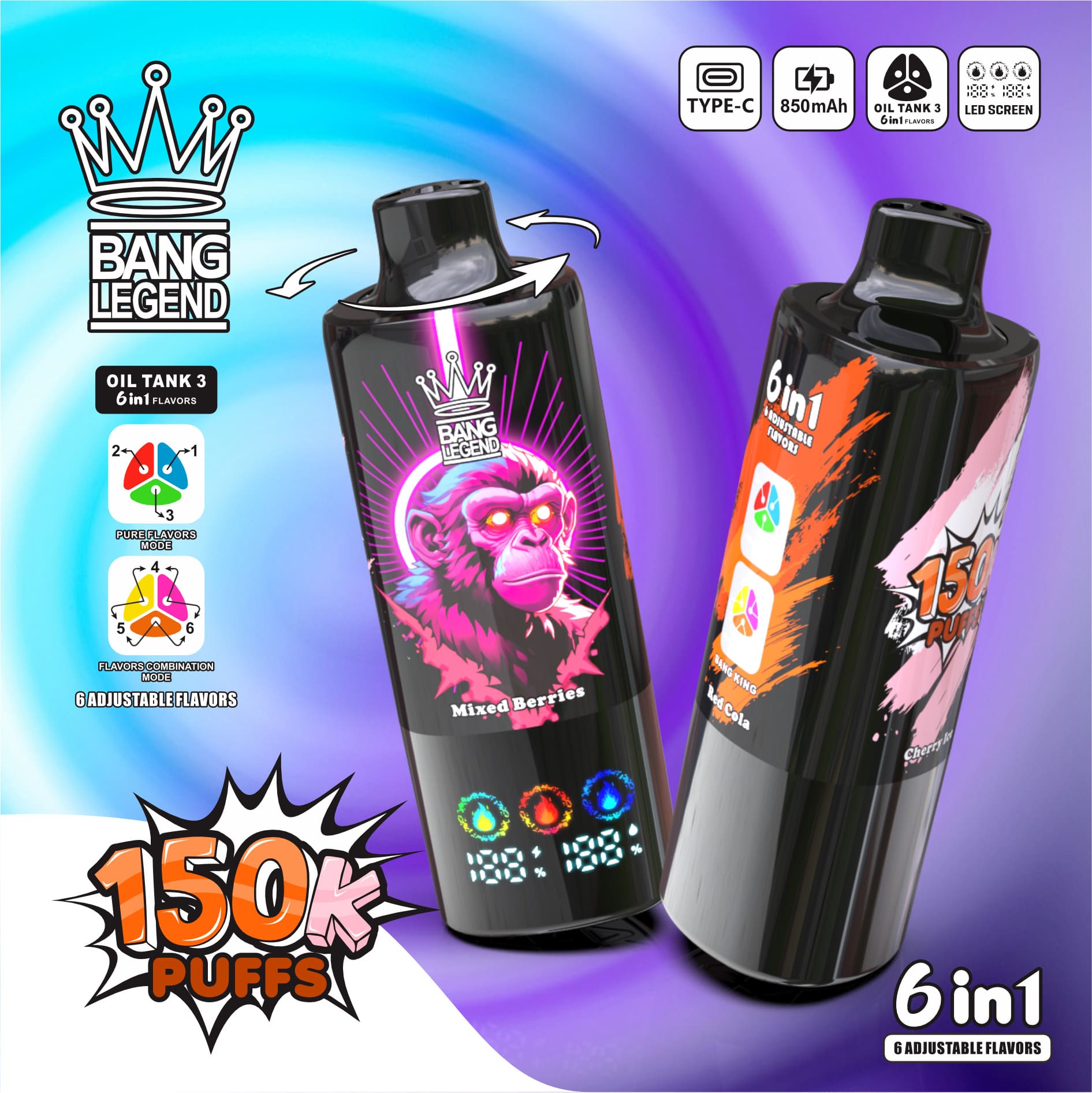 Bang Legend 150000 パフ 6in1 Vape – 超長バッテリー寿命、6-in-1