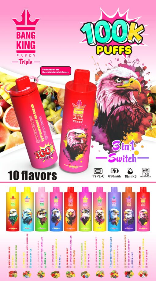 A colorful promotional poster for Bang King Vapen featuring two vape products labeled '100K PUFFS' and '3in1 Switch' with images of fruits and an eagle, showcasing 10 different flavors with descriptions underneath.