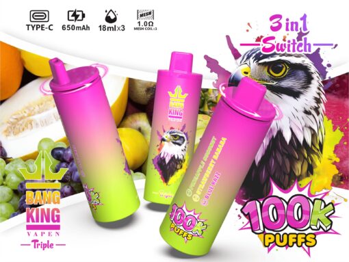 A colorful e-cigarette product display featuring three vape devices in gradient pink and green designs, set against a background of various fruits like melon and grapes, with text highlighting features such as '100K Puffs' and '3 in 1 Switch'.